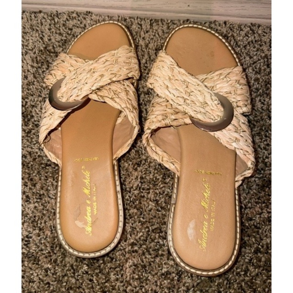 Andrea e Michele Italy Womens 9.5 Woven Raffia Slide Sandals Tan Silver Buckle